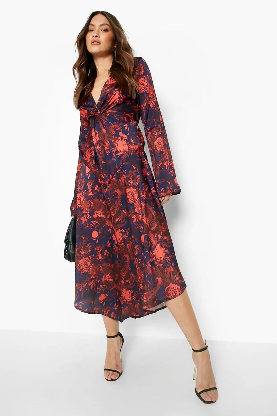 Floral Print Satin Tie Front Midaxi Dress