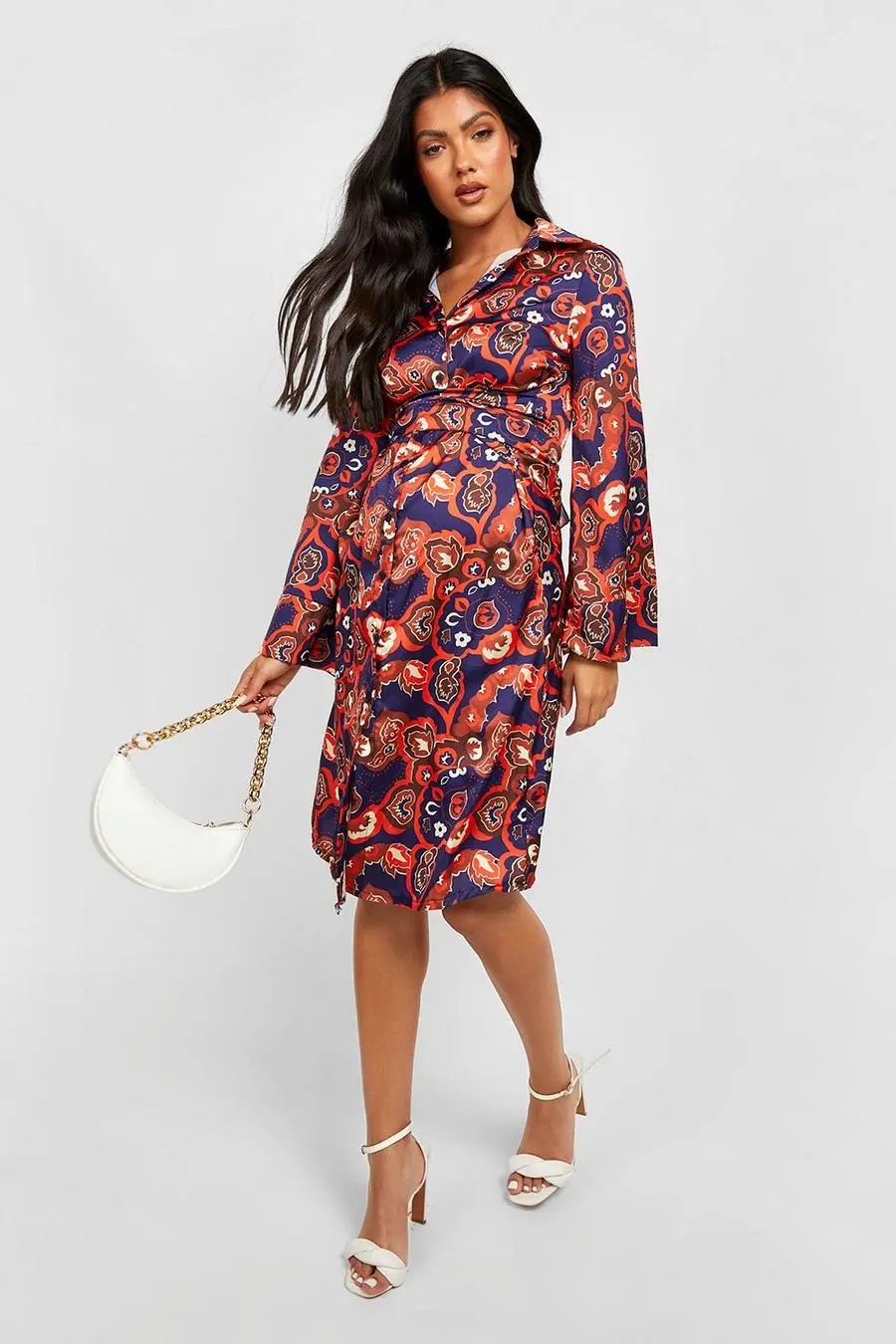 Maternity Abstract Satin Tie Waist Shirt Midi Dress