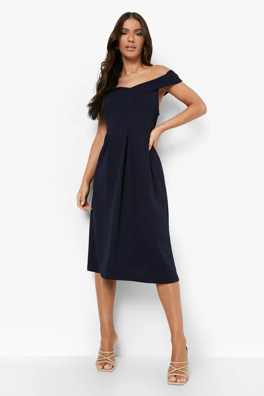 Off The Shoulder Wrap Detail Midi Skater Dress