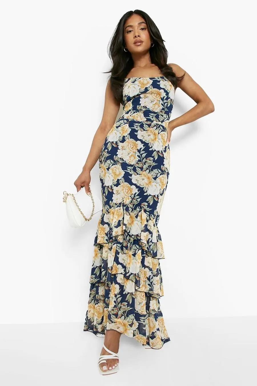 Petite Floral Tiered Ruffle Fitted Maxi Dress