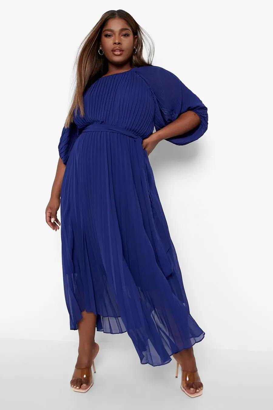 Plus Pleated Puff Sleeve Midaxi Dress