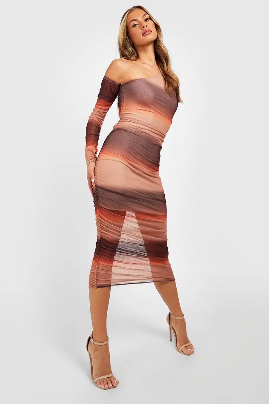 Ombre Mesh Asymmetric Midaxi Dress