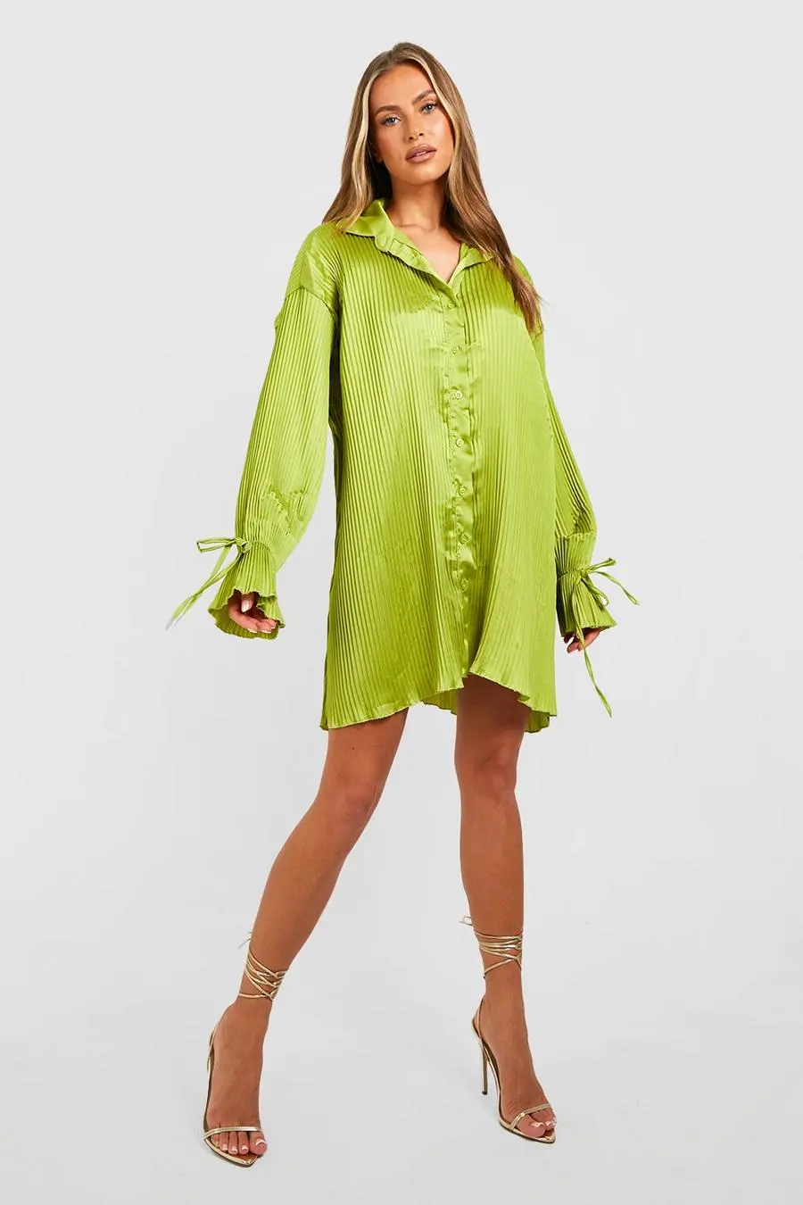 Satin Plisse Tie Cuff Midi Shirt Dress