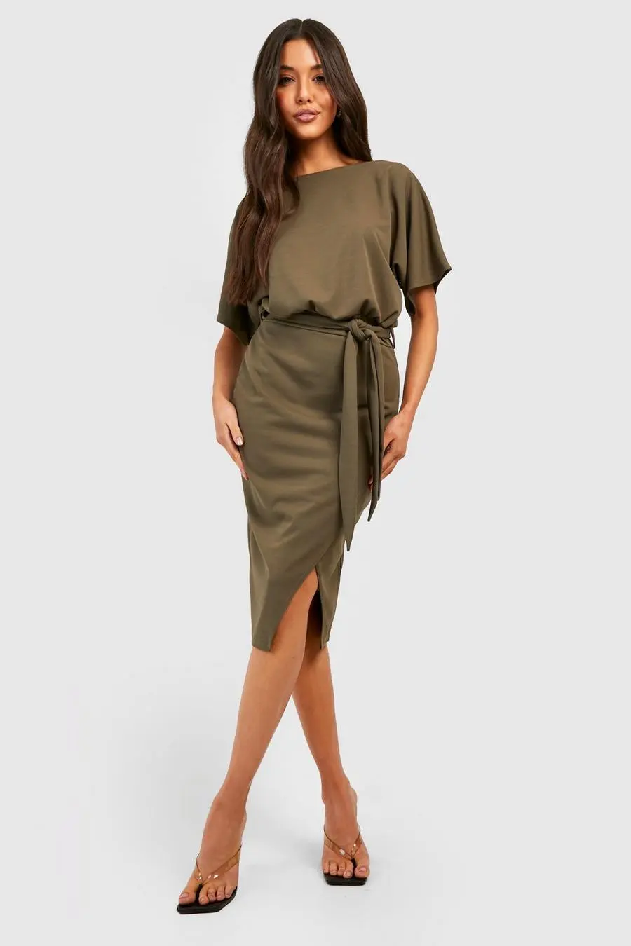 Slash Neck Tie Waist Midi Dress
