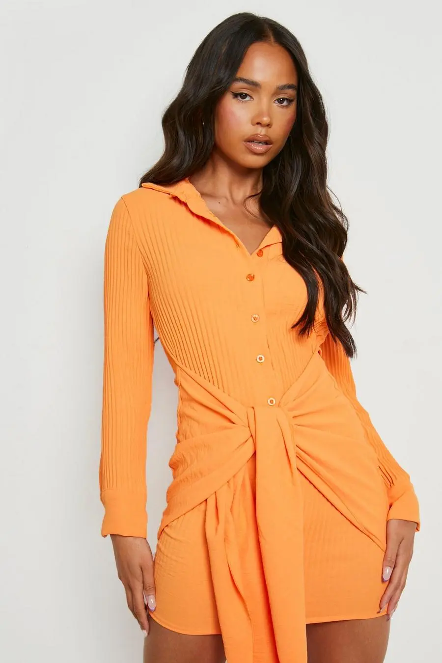 Petite Plisse Tie Front Shirt Dress