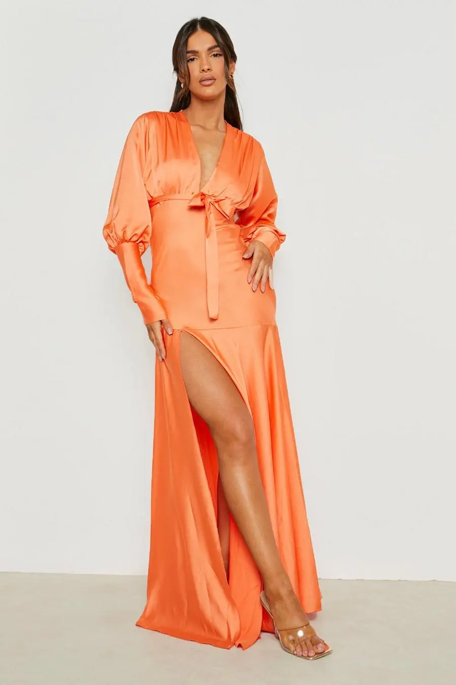 Plunge Satin Side Split Belted Maxi Dress