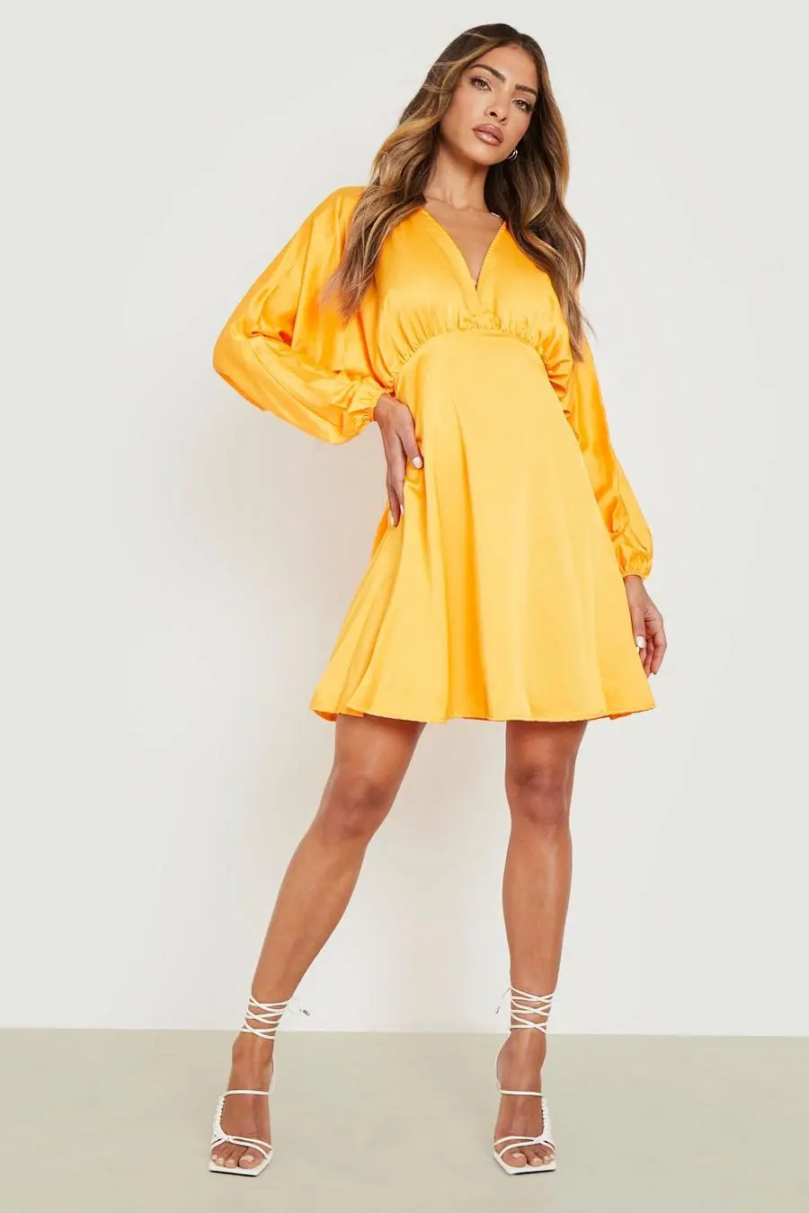Satin Batwing Plunge Skater Dress
