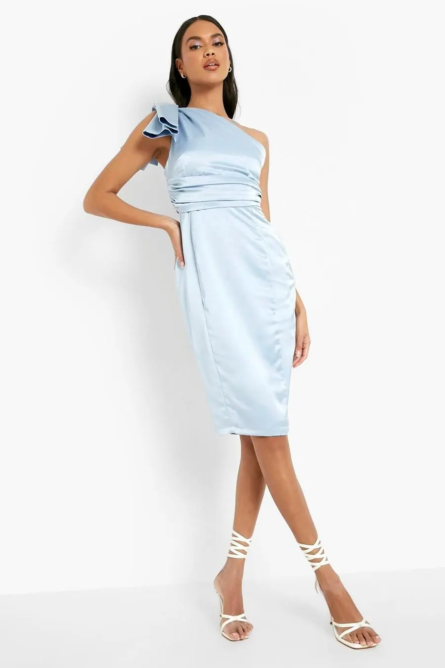 Satin One Shoulder Ruffle Midi Dress
