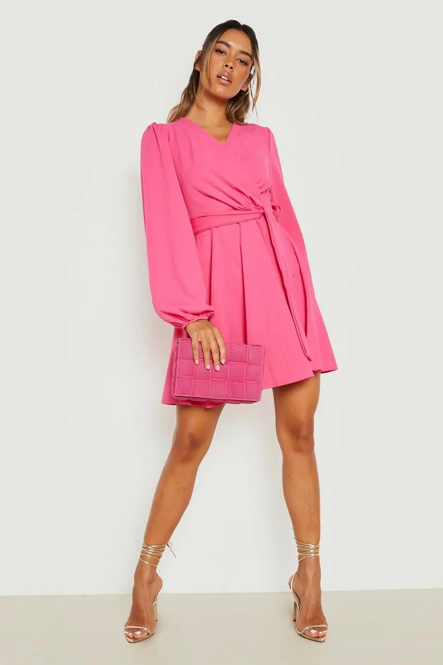 Balloon Sleeve Wrap Mini Skater Dress