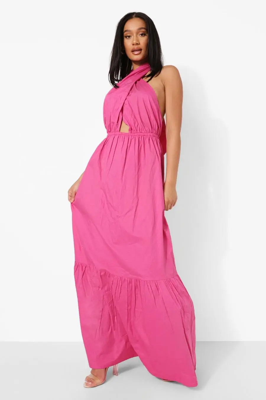 Cotton Wrap Halterneck Drop Hem Maxi Dress