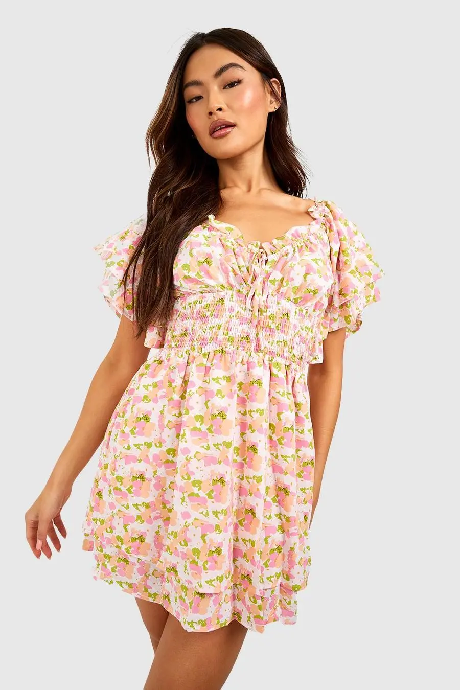 Floral Tie Front Shirred Skater Dress
