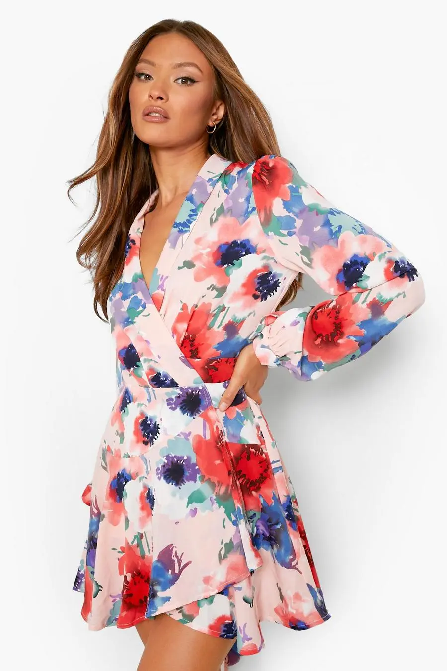 Floral Wrap Detail Mini Skater Dress