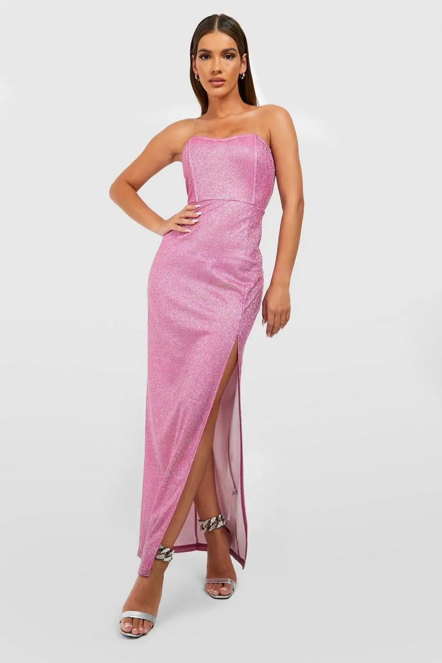 Glitter Bandeau Maxi Party Dress With Split