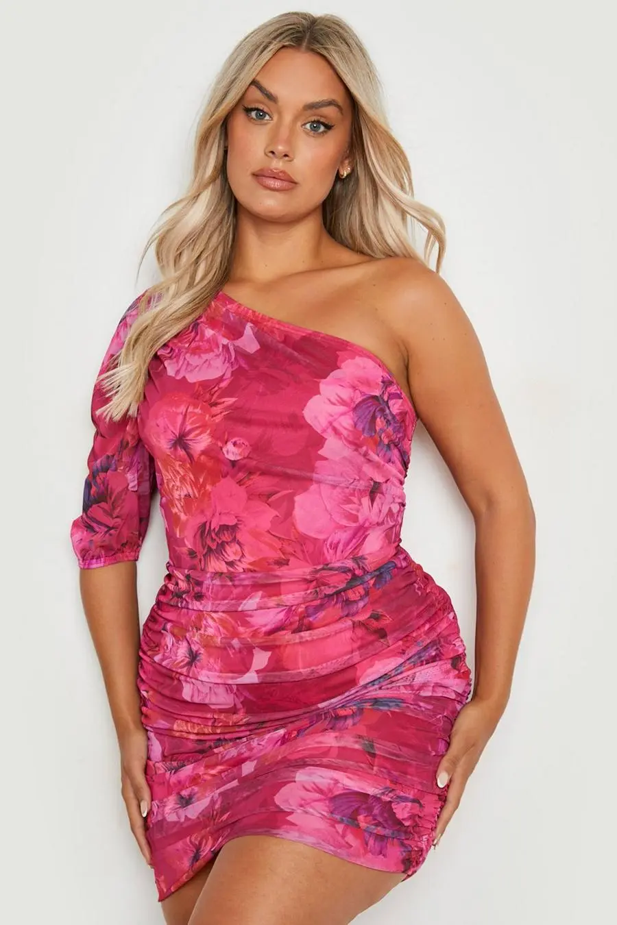 Plus Floral Mesh One Shoulder Dress