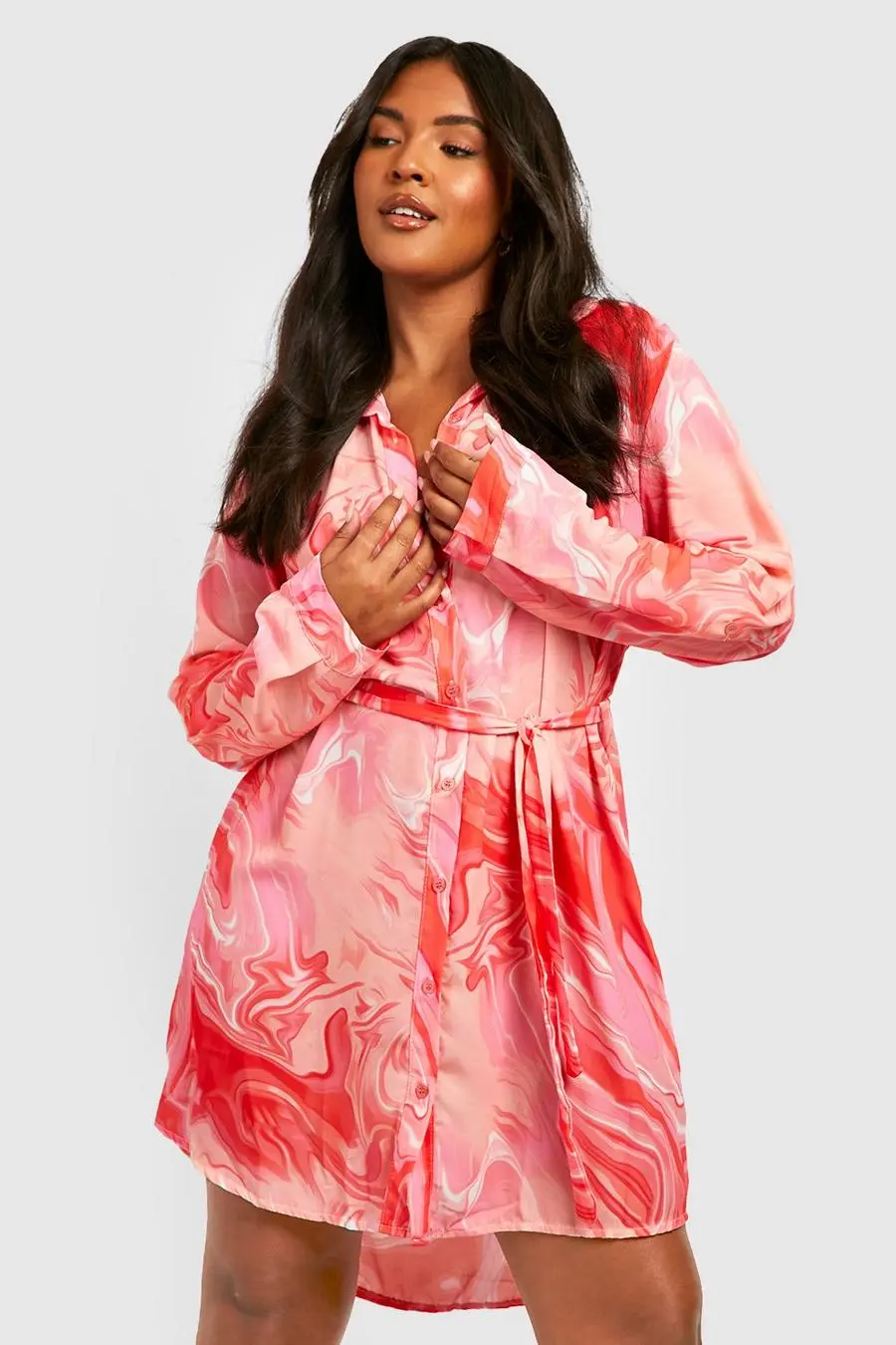 Plus Marble Print Belted Shirt Dress