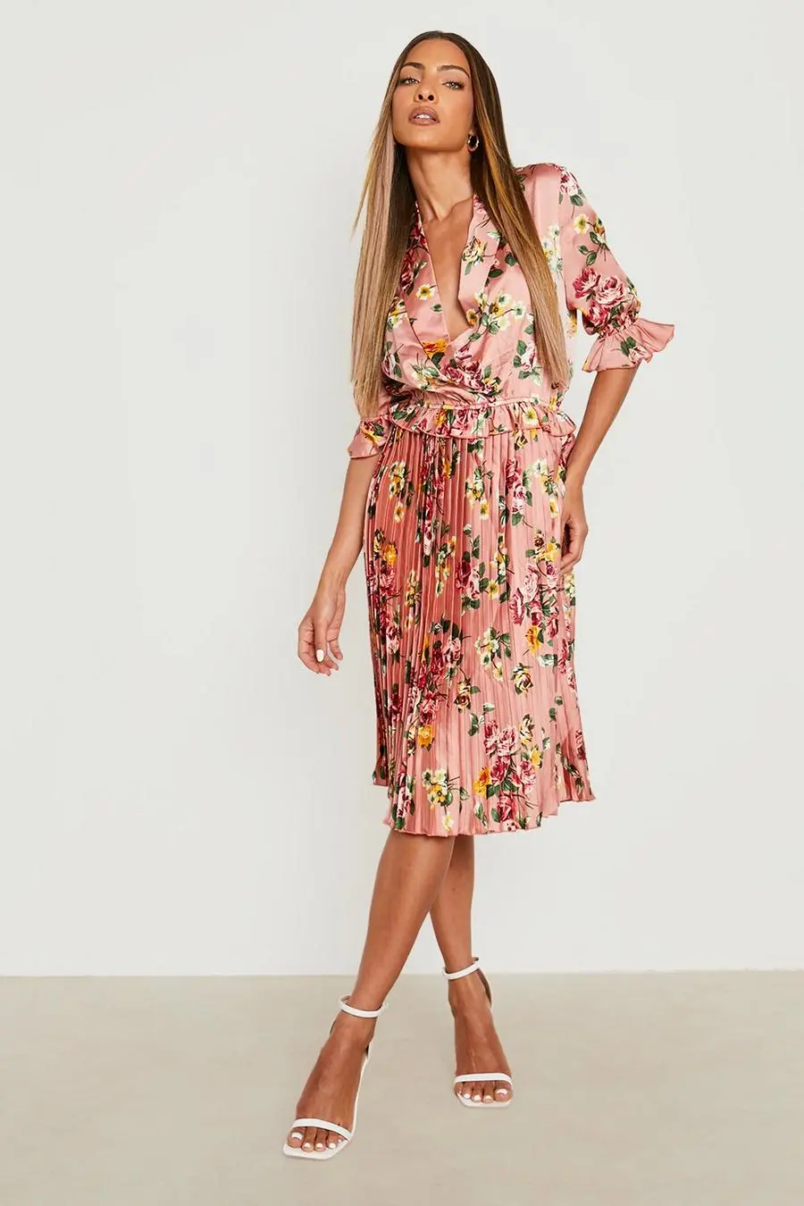 Satin Floral Pleated Midi Skater Dress