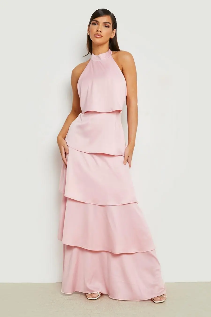Satin Halterneck Tiered Maxi Dress