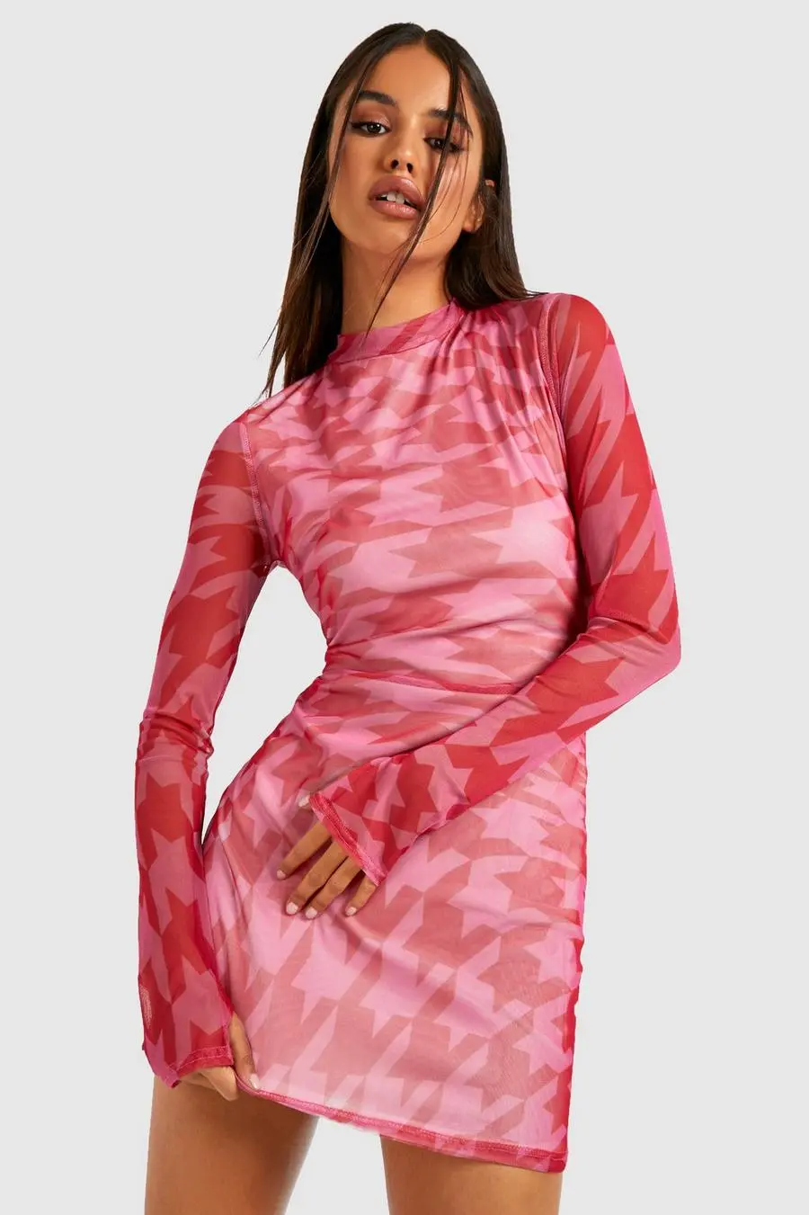 Swirl Dogtooth High Neck Mesh Mini Dress