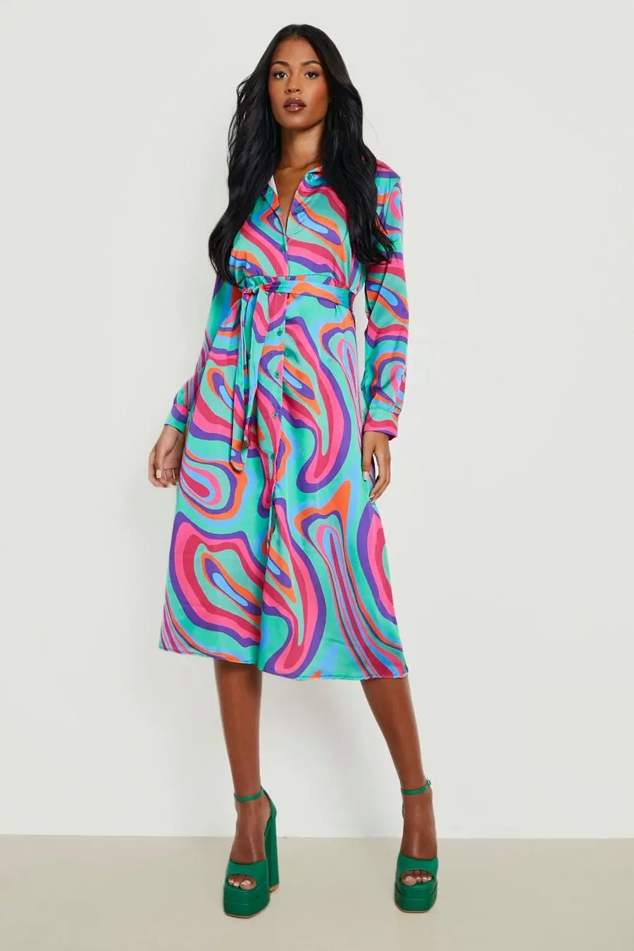 Tall Swirl Print Belted Shirt Satin Dress