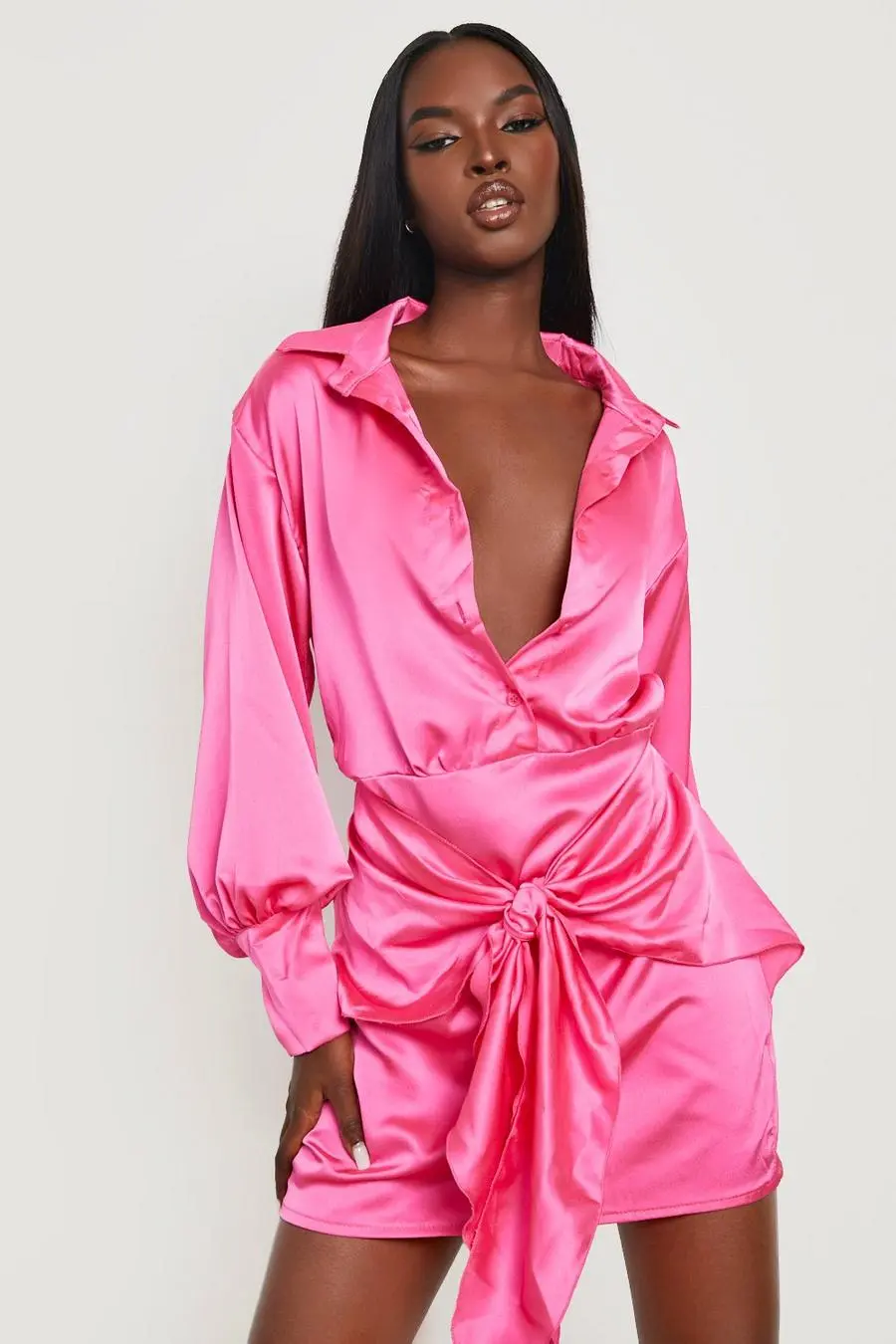 Tie Front Satin Shirt Dress