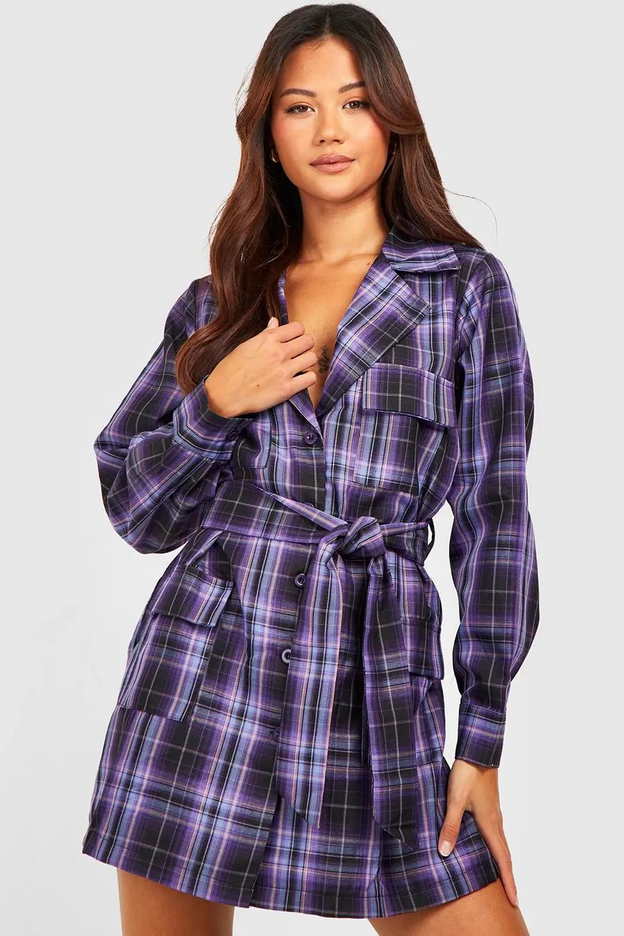 Petite Flannel Oversized Belted Shirt Dress