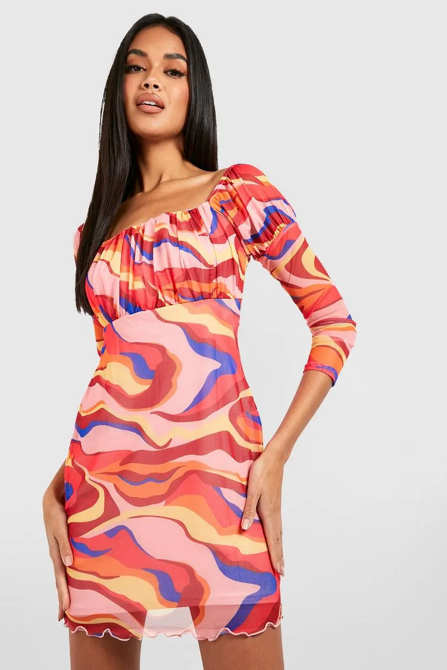 Abstract Print Mesh Mini Dress