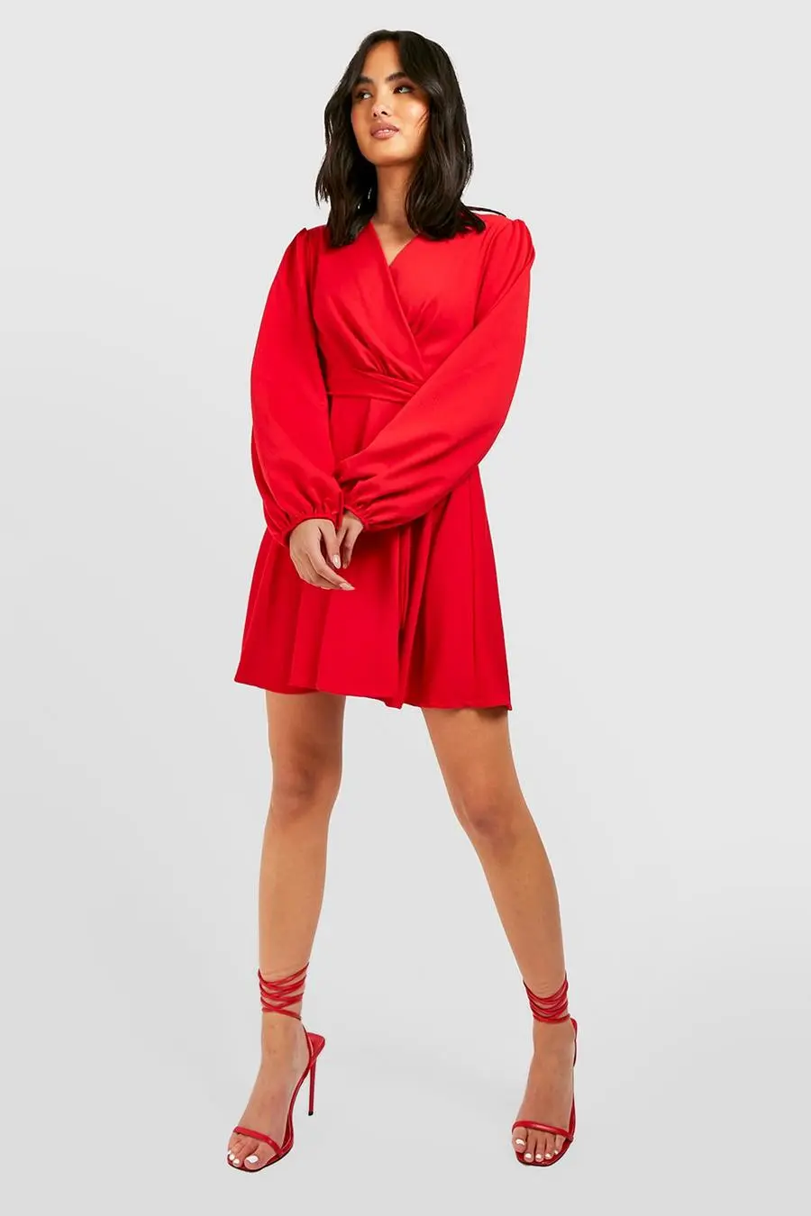 Balloon Sleeve Wrap Skater Dress