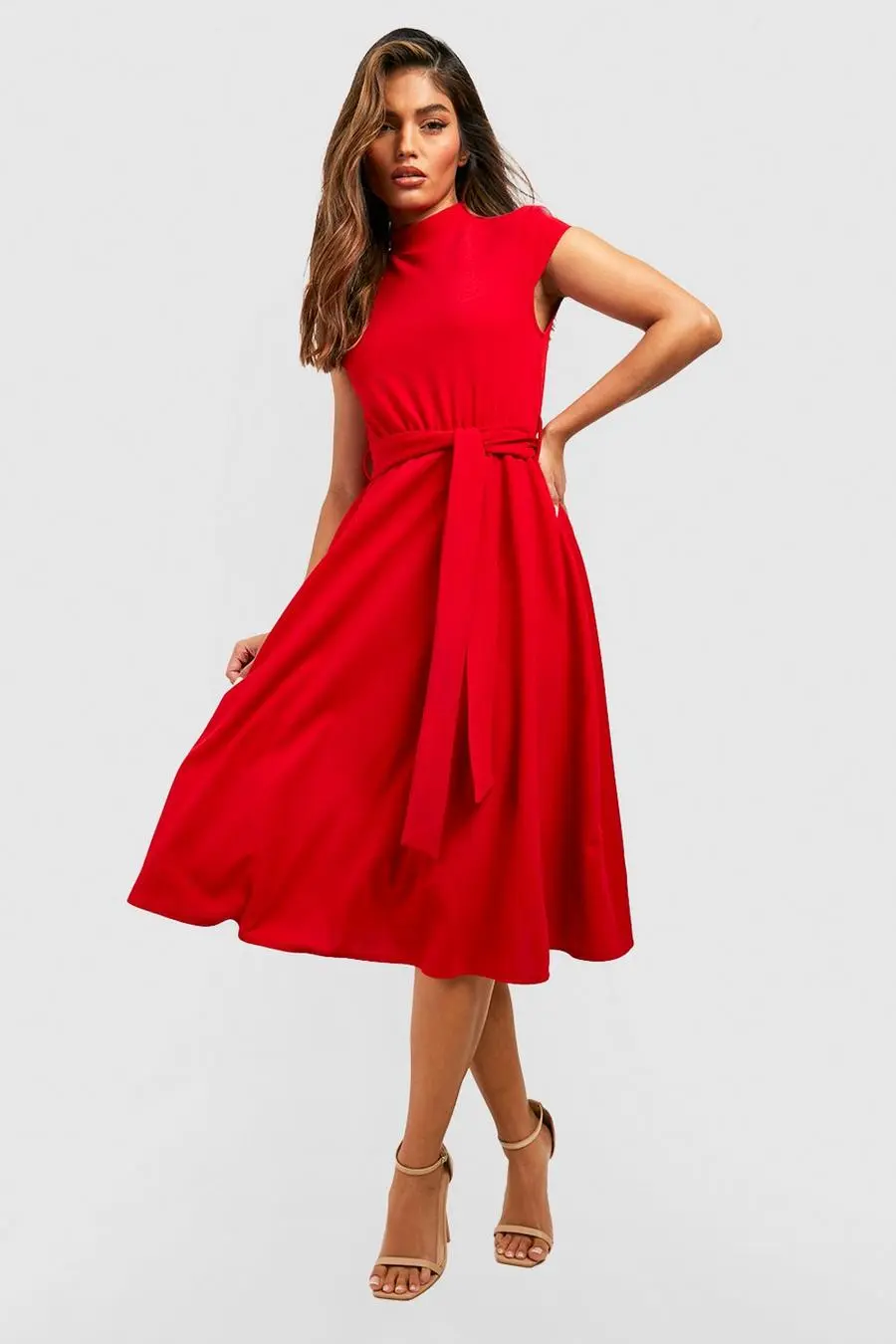 High Neck Belted Skater Dress