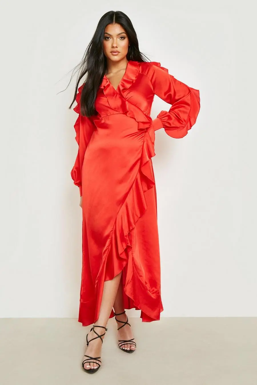 Maternity Satin Ruffle Wrap Maxi Dress