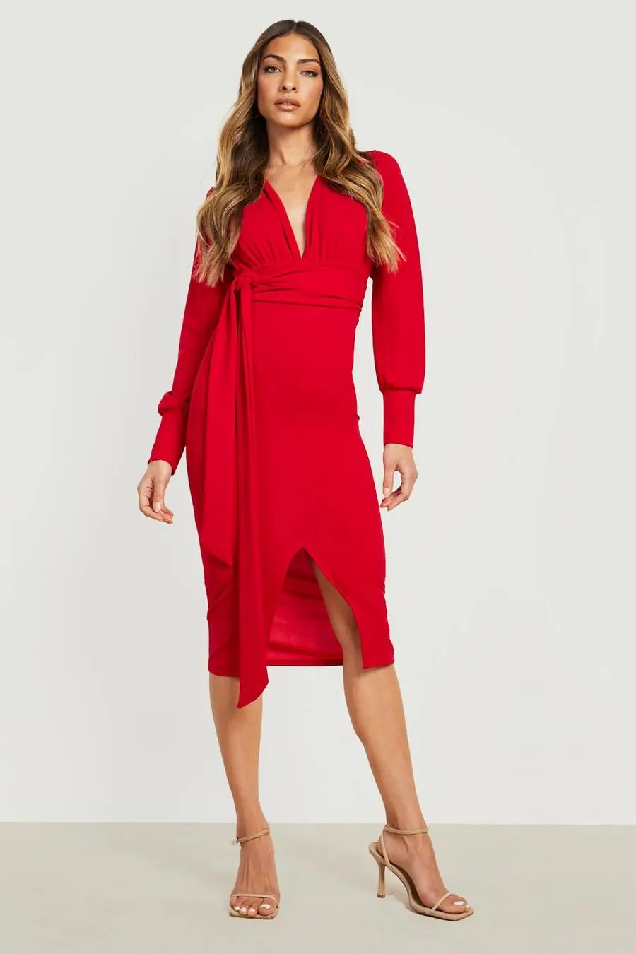 Plunge Tie Waist Midi Dress