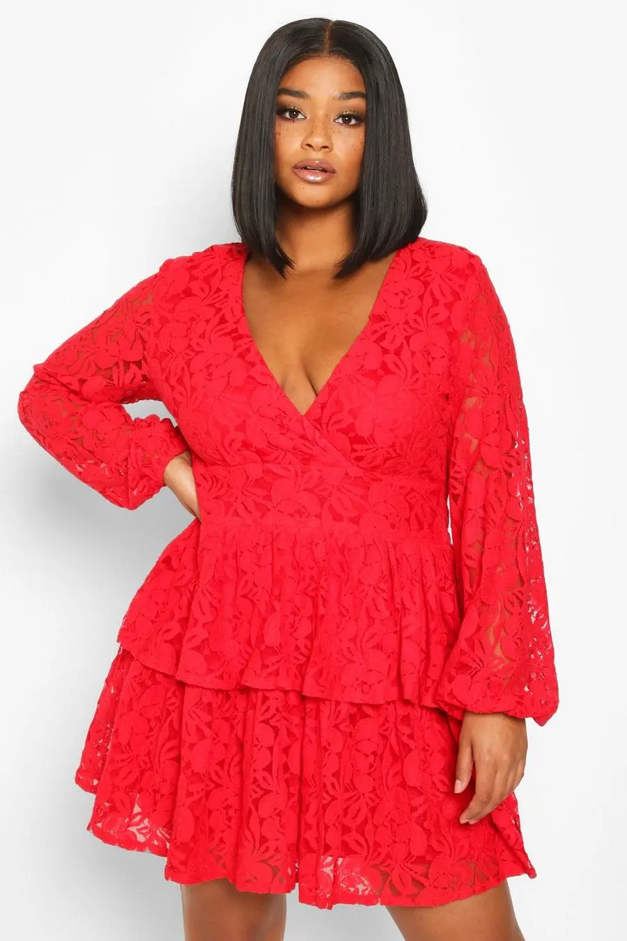 Plus Lace Plunge Ruffle Skater Dress