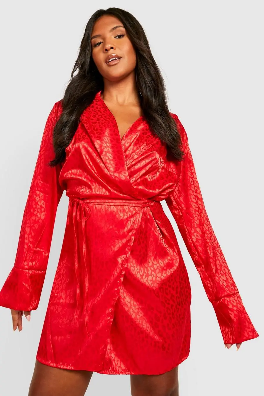 Plus Leopard Satin Wrap Shirt Dress