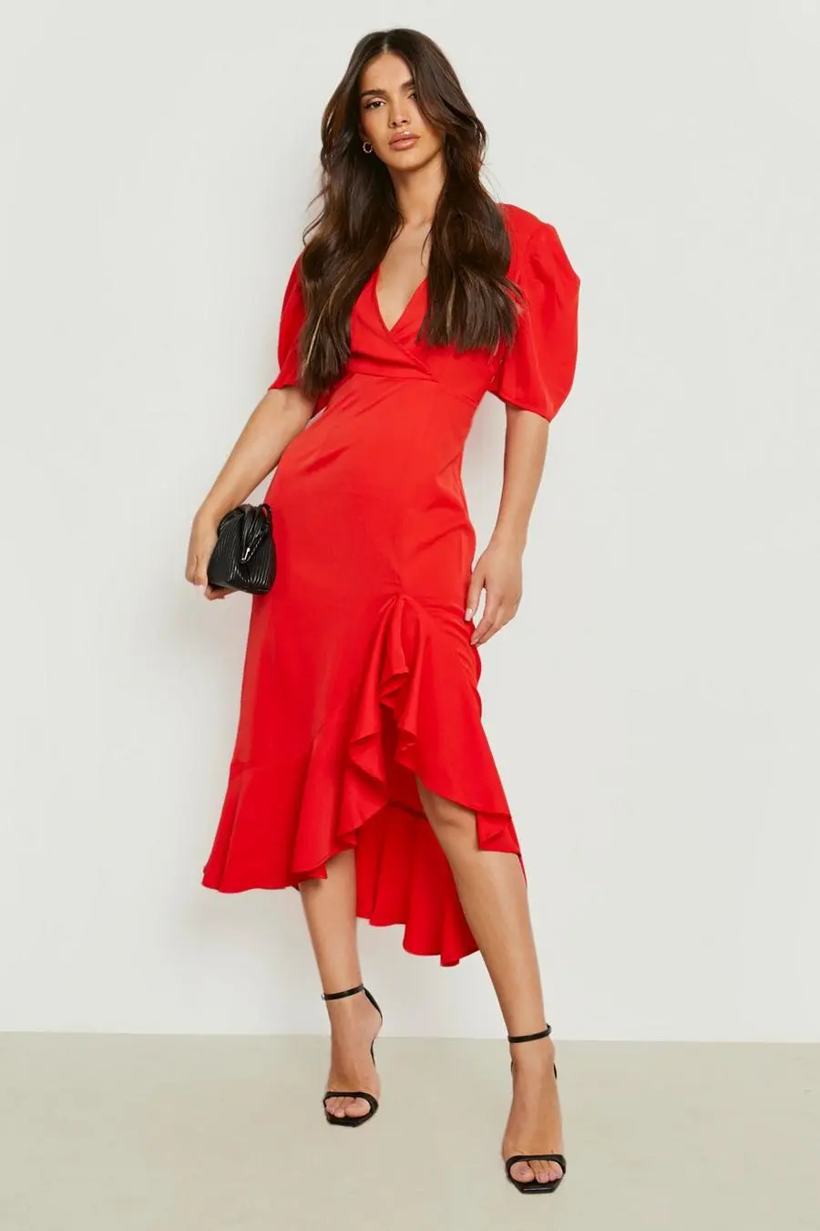 Ruffle Puff Sleeve Hi Low Hem Midaxi Dress