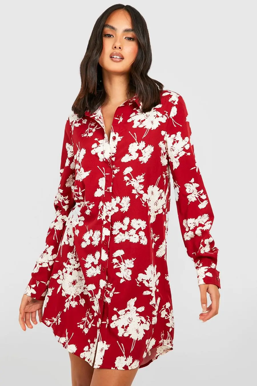 Satin Floral Print Shirt Dress