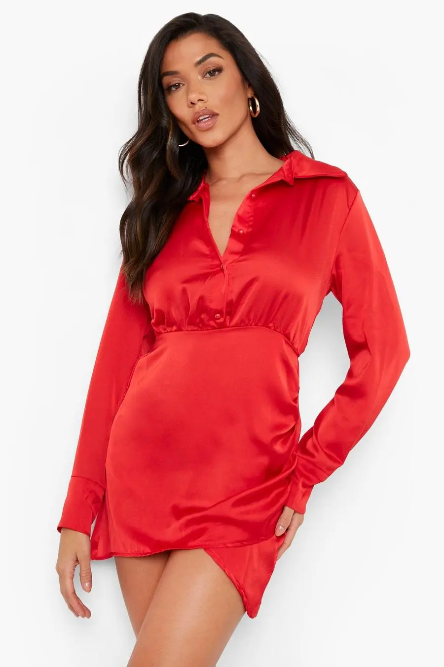Satin Ruched Detail Shirt Dress