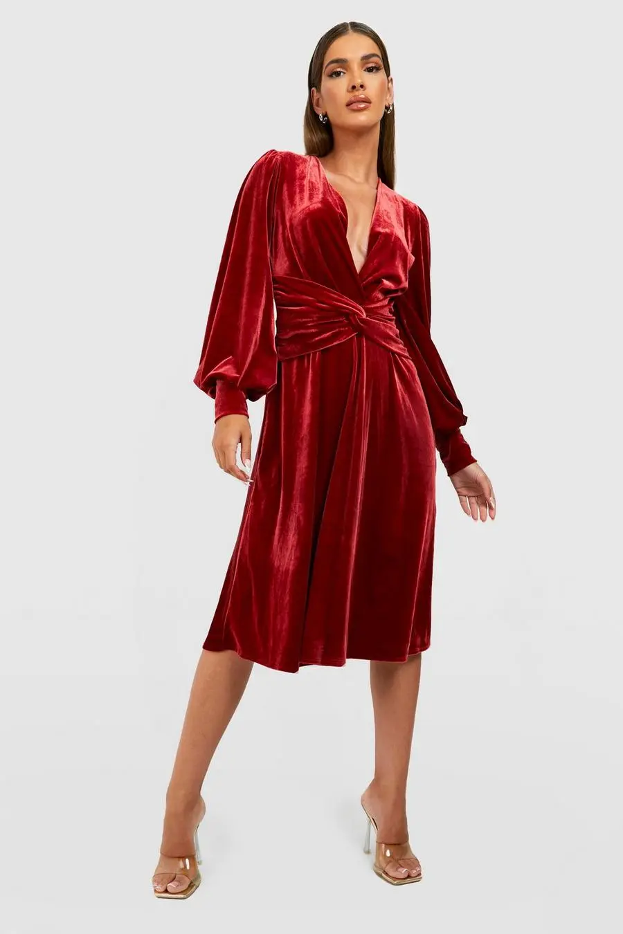 Volume Sleeve Velvet Midi Dress