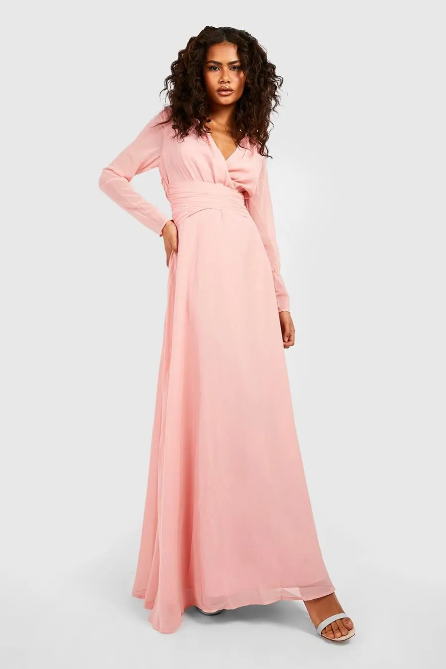 Chiffon Long Sleeve Open Back Maxi Dress