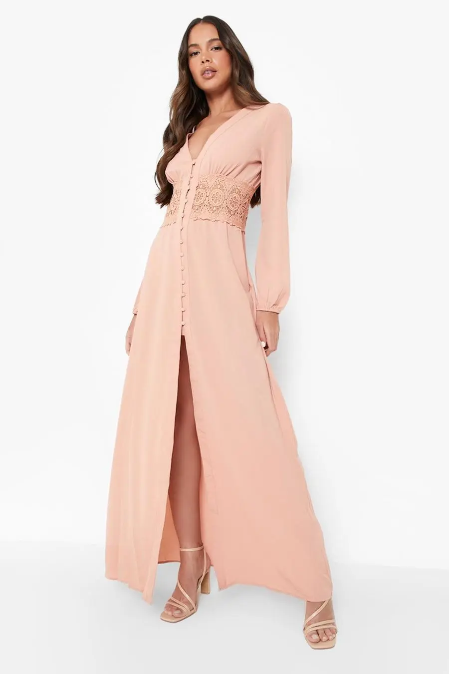 Lace Waist Button Maxi Dress