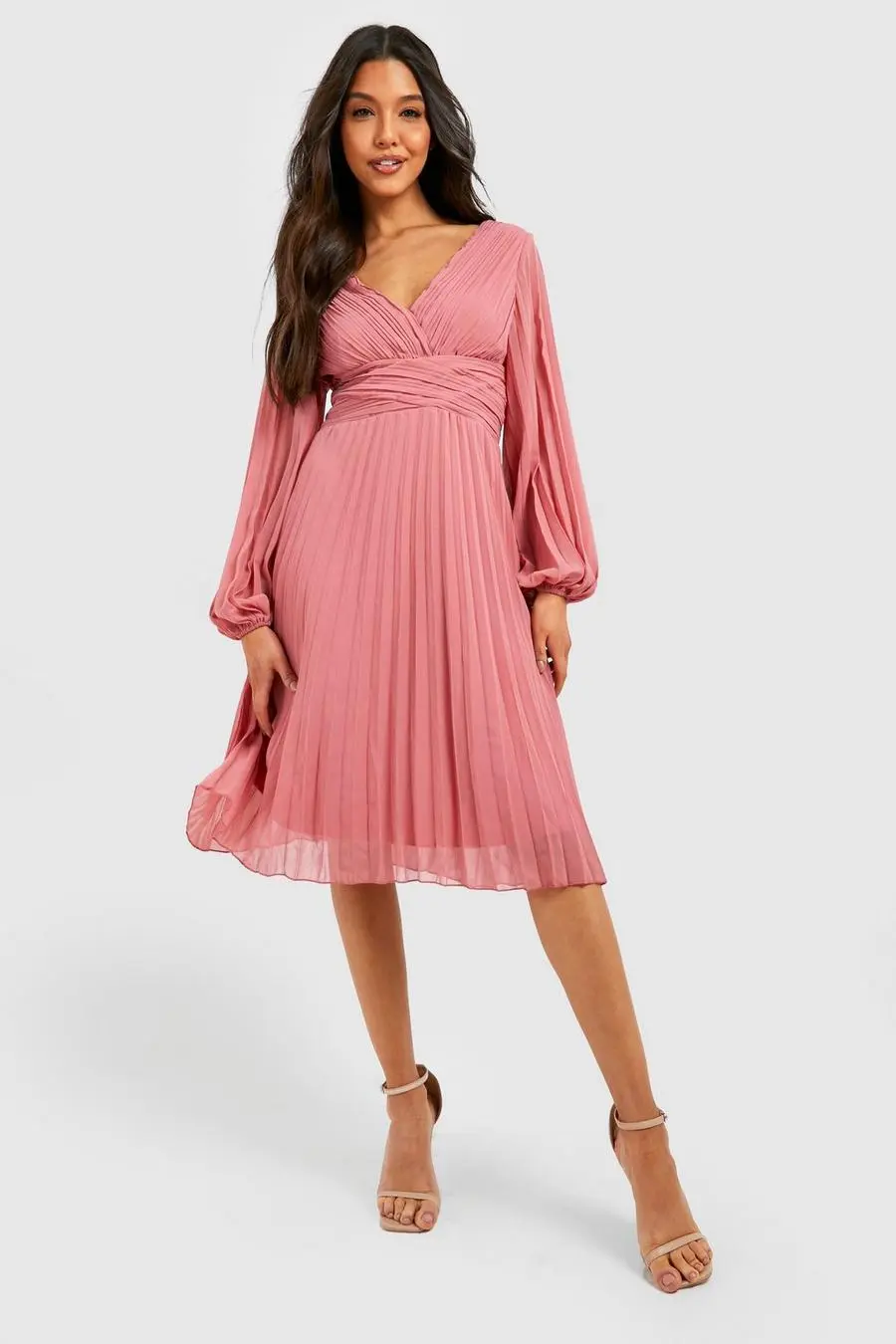 Pleated Plunge Wrap Midi Dress
