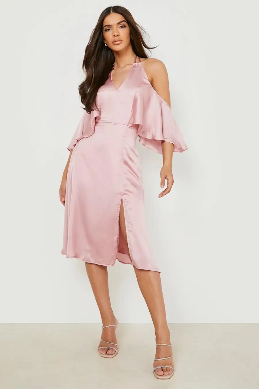Satin Cold Shoulder Midi Skater Dress