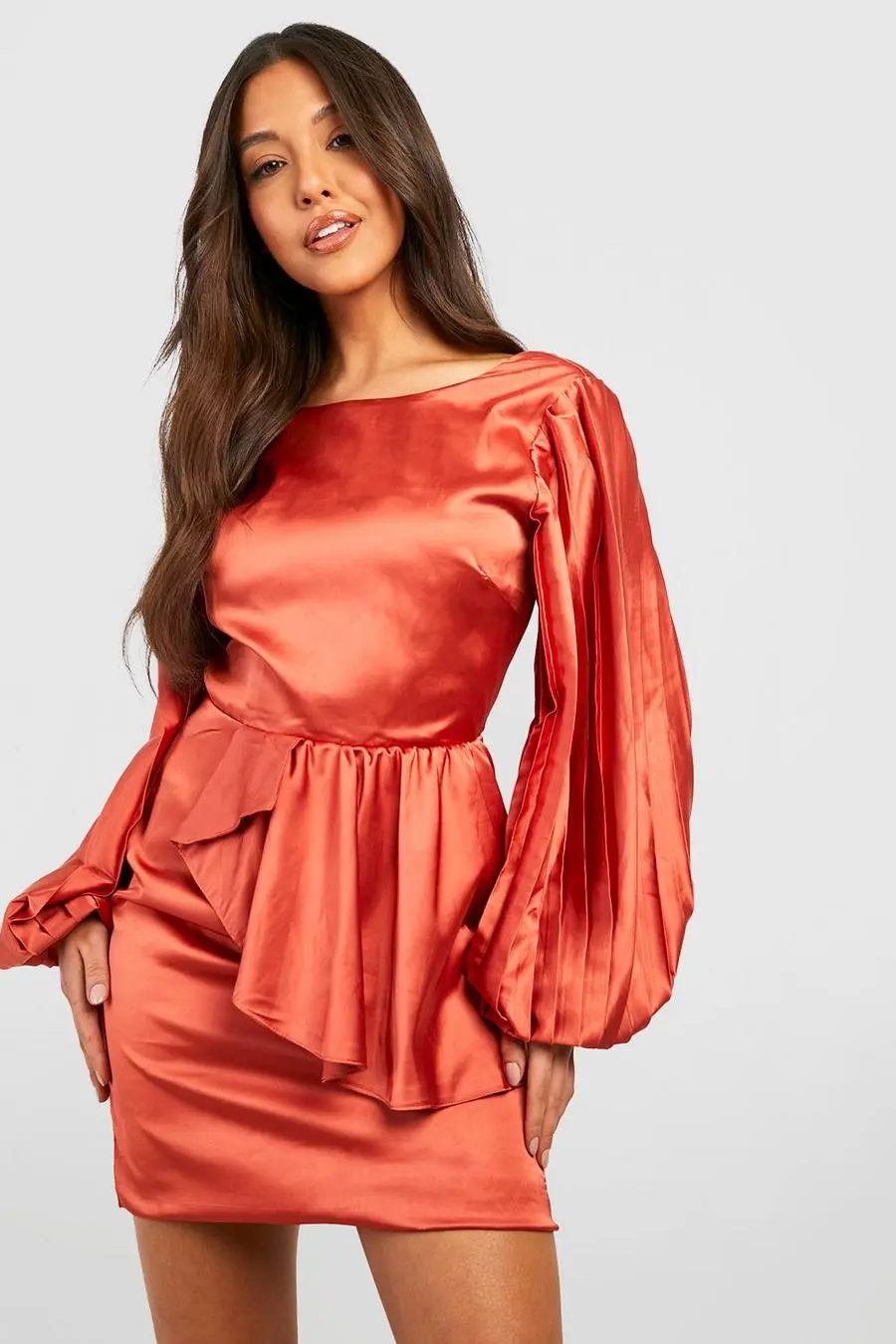 Satin Puff Sleeve Ruffle Mini Dress