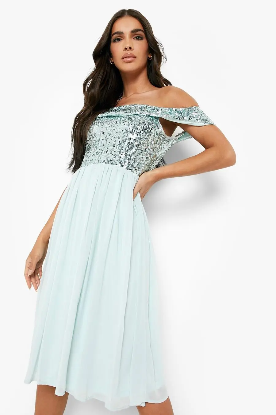 Sequin Off The Shoulder Midi Skater Dress