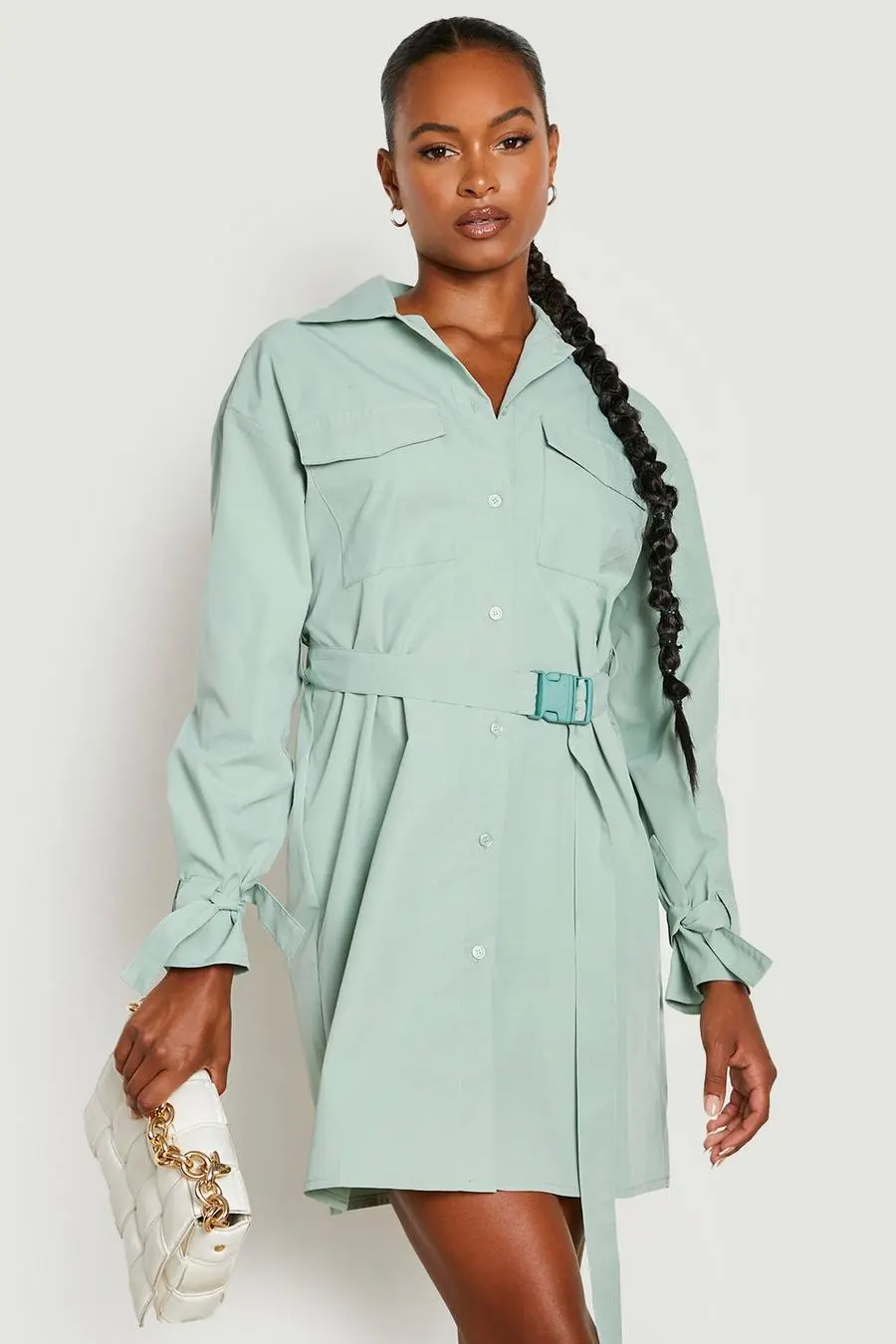 Tall Cargo Utility Pocket Belted Shirt Dress