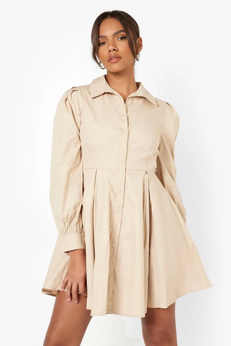 Cotton Balloon Sleeve Pleat Detail Shirt Dress