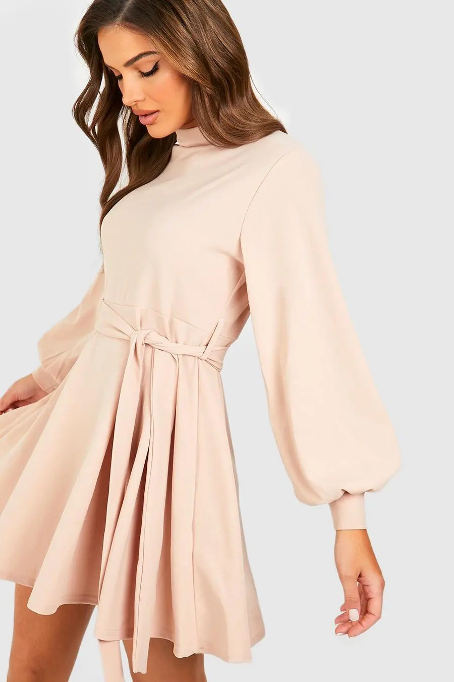 High Neck Balloon Sleeve Belted Skater Dress