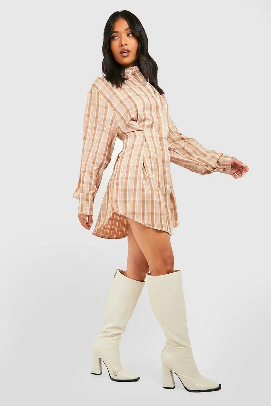 Petite Flannel Cinched Waist Shirt Dress