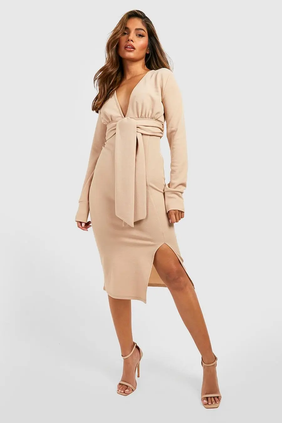 Plunge Tie Waist Midi Dress