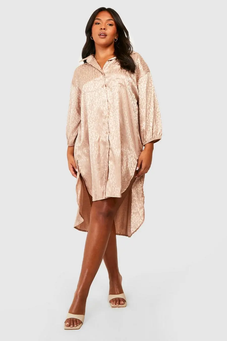 Plus Dip Back Leopard Satin Shirt Dress