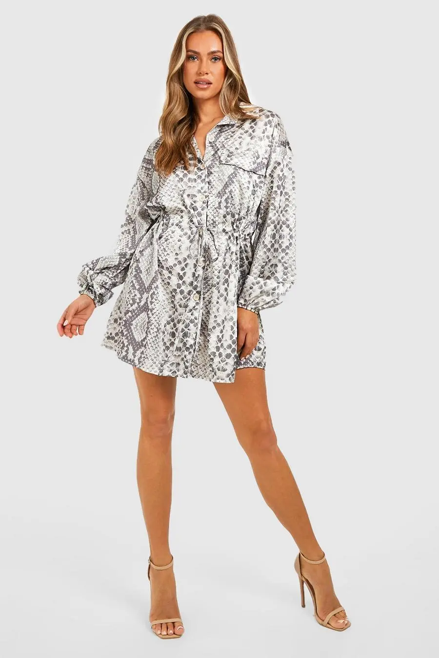 Premium Satin Snake Utility Detail Shirt Dress