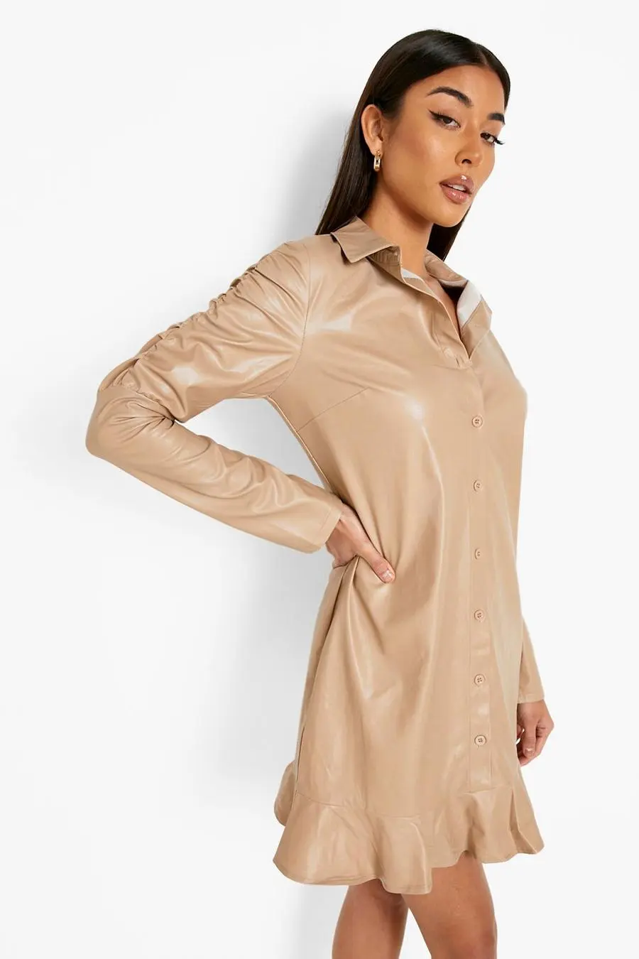 Pu Ruched Sleeve Shirt Dress
